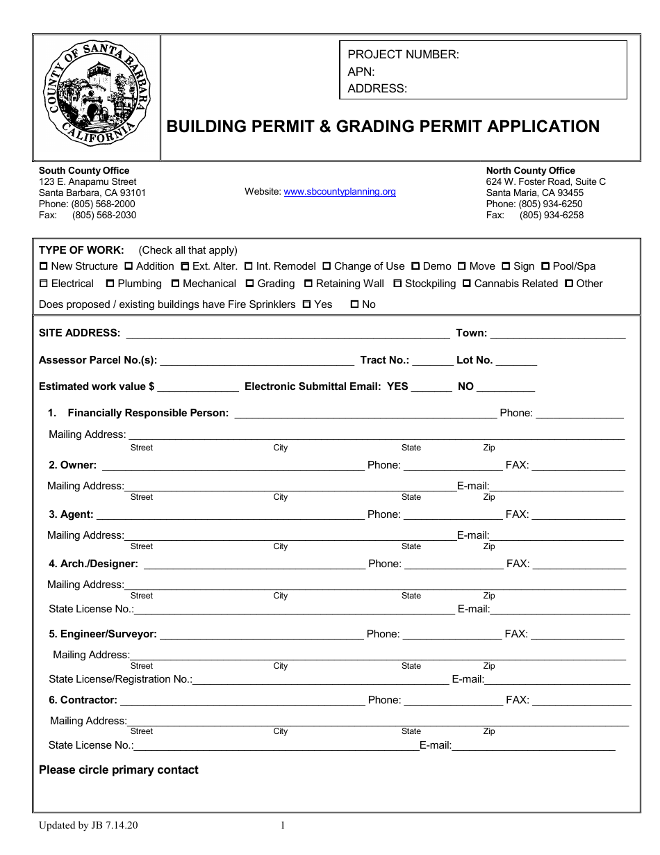 Building  Grading Permit Application - Santa Barbara County, California, Page 1