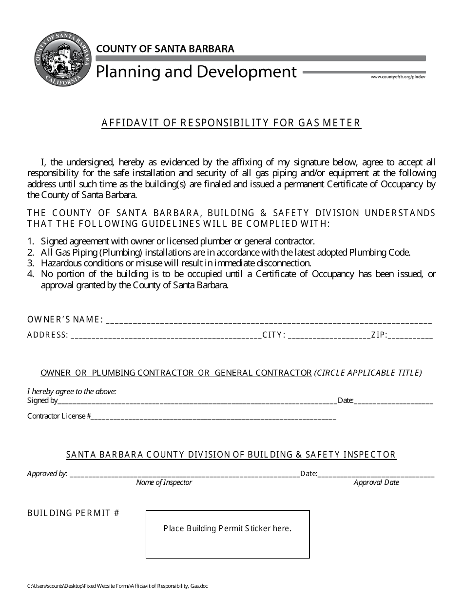 County of Santa Barbara, California Affidavit of Responsibility for Gas