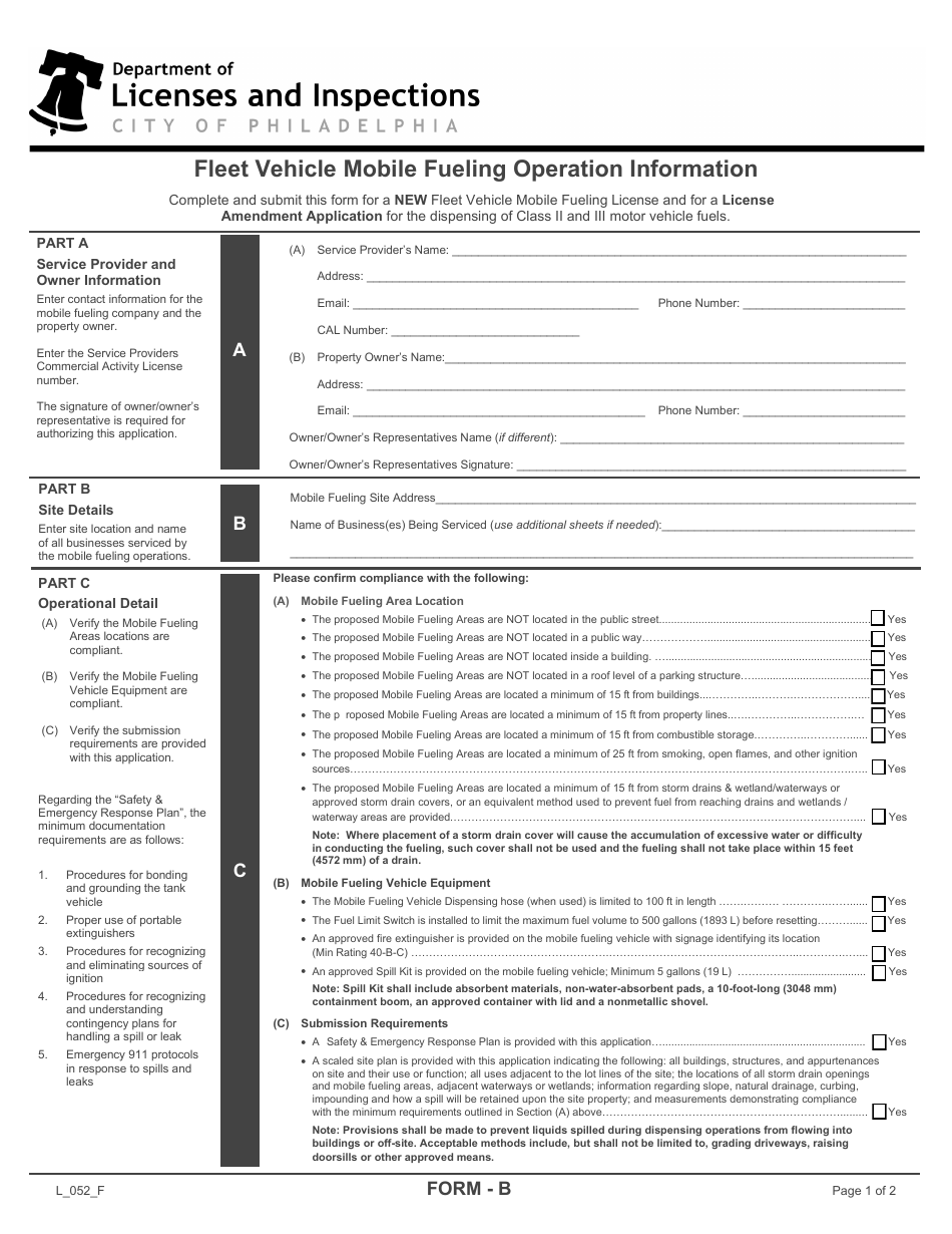 Form B (L_052_F) Fleet Vehicle Mobile Fueling Operation Information - City of Philadelphia, Pennsylvania, Page 1