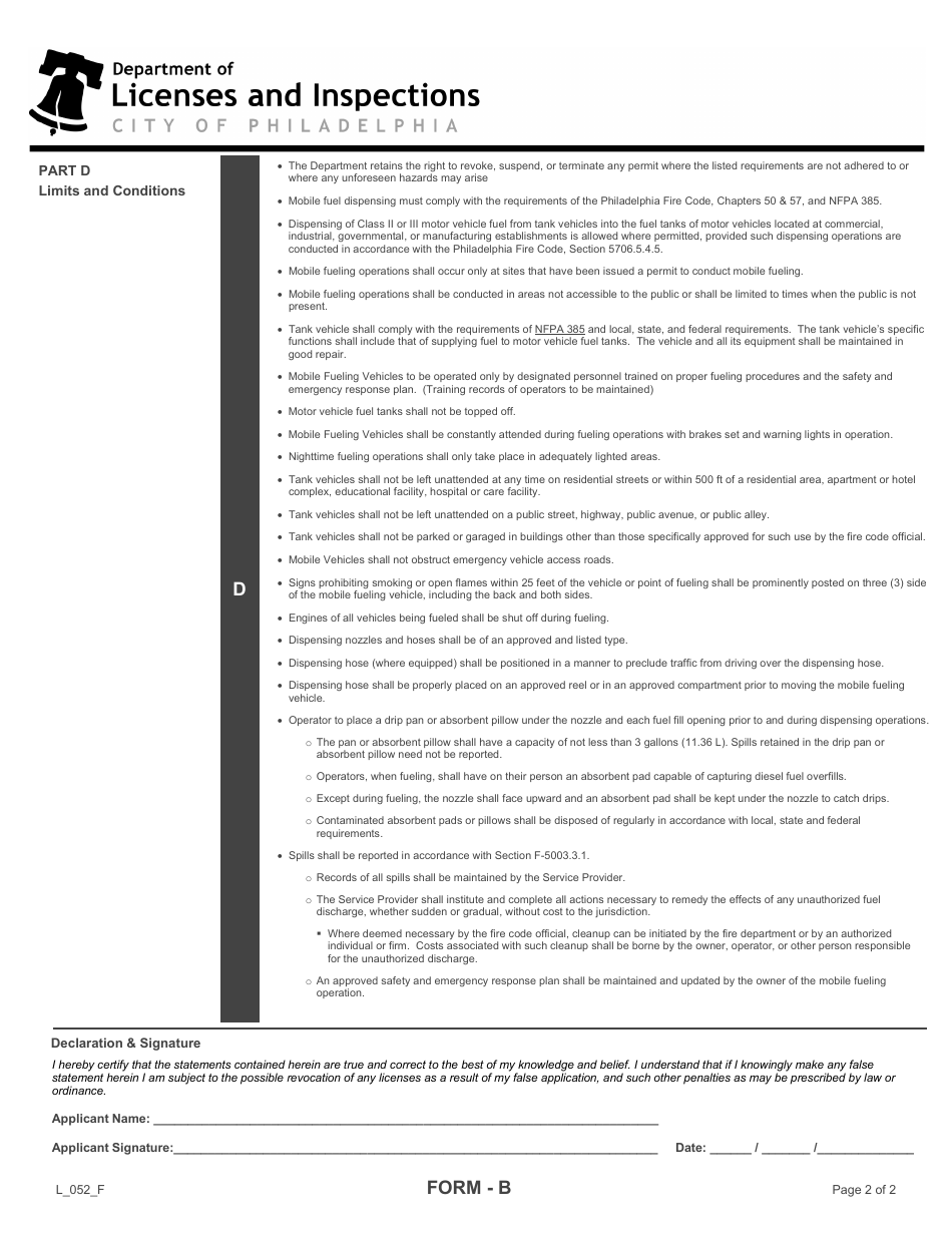 Form B (L_052_F) Fleet Vehicle Mobile Fueling Operation Information - City of Philadelphia, Pennsylvania, Page 2