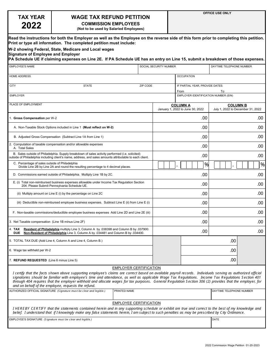 Wage Tax Refund Petition - Commission Employees - City of Philadelphia, Pennsylvania, Page 1