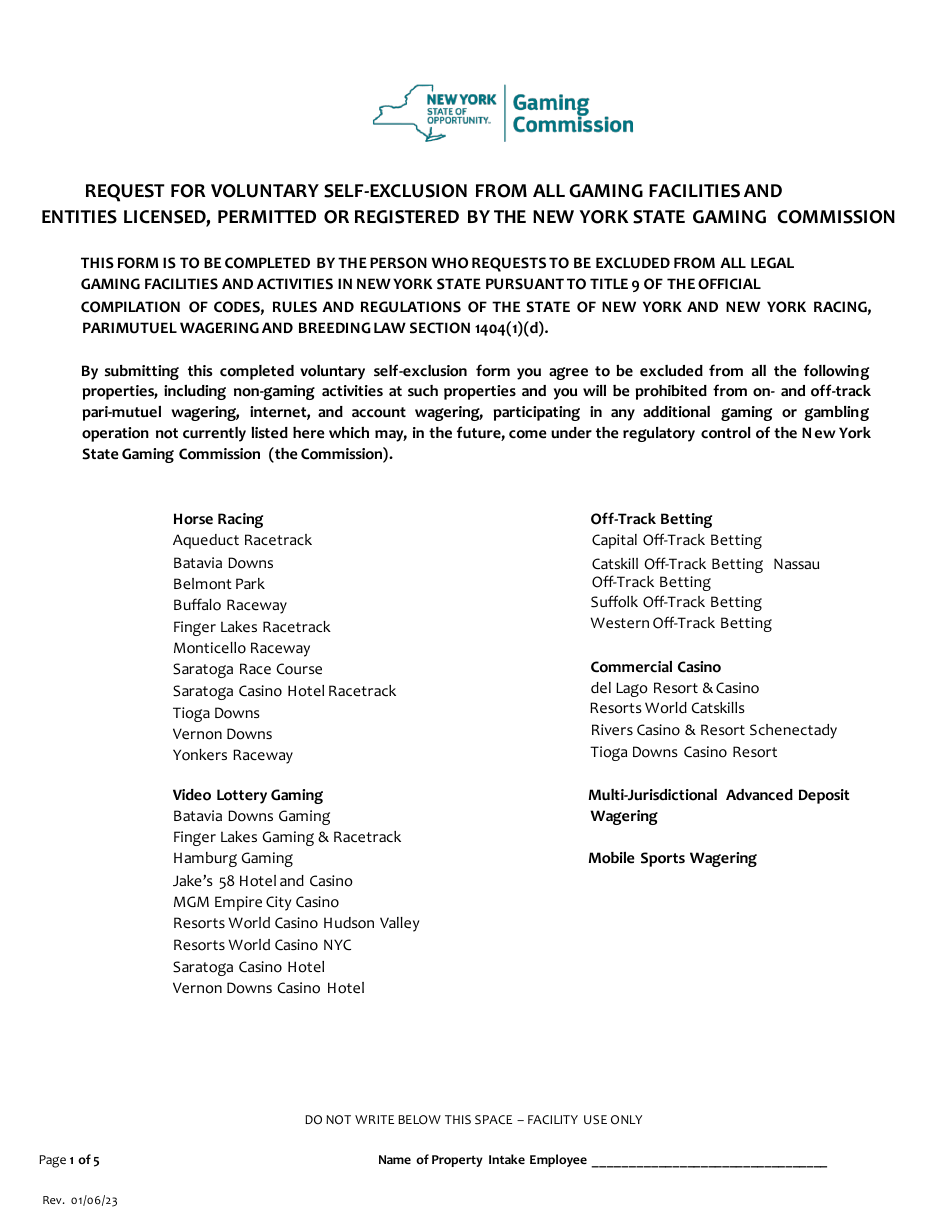 Request for Voluntary Self-exclusion From All Gaming Facilities and Entities Licensed, Permitted or Registered by the New York State Gaming Commission - New York, Page 1