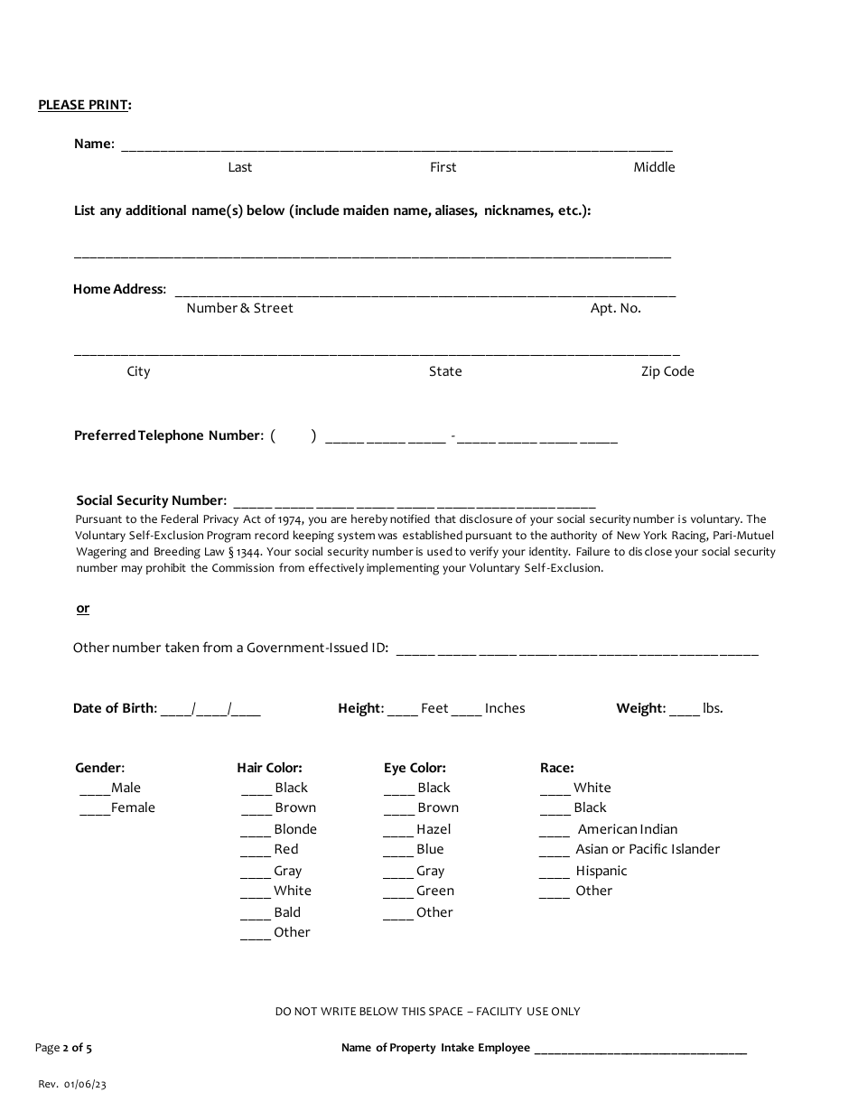 Request for Voluntary Self-exclusion From All Gaming Facilities and Entities Licensed, Permitted or Registered by the New York State Gaming Commission - New York, Page 2
