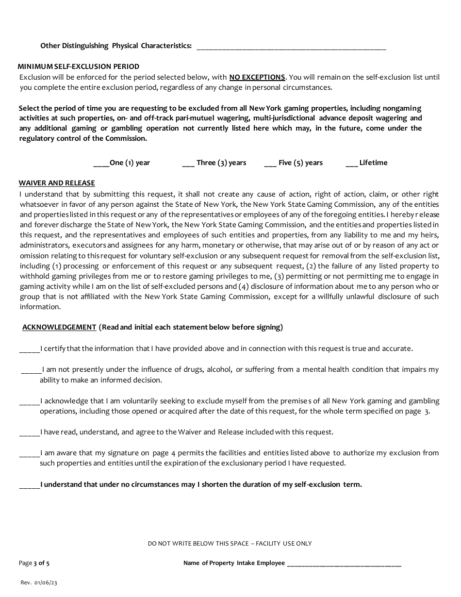 Request for Voluntary Self-exclusion From All Gaming Facilities and Entities Licensed, Permitted or Registered by the New York State Gaming Commission - New York, Page 3