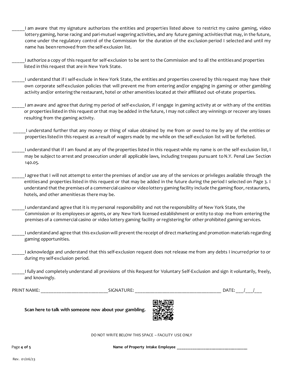 Request for Voluntary Self-exclusion From All Gaming Facilities and Entities Licensed, Permitted or Registered by the New York State Gaming Commission - New York, Page 4