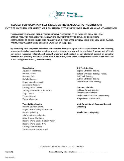 Request for Voluntary Self-exclusion From All Gaming Facilities and Entities Licensed, Permitted or Registered by the New York State Gaming Commission - New York Download Pdf