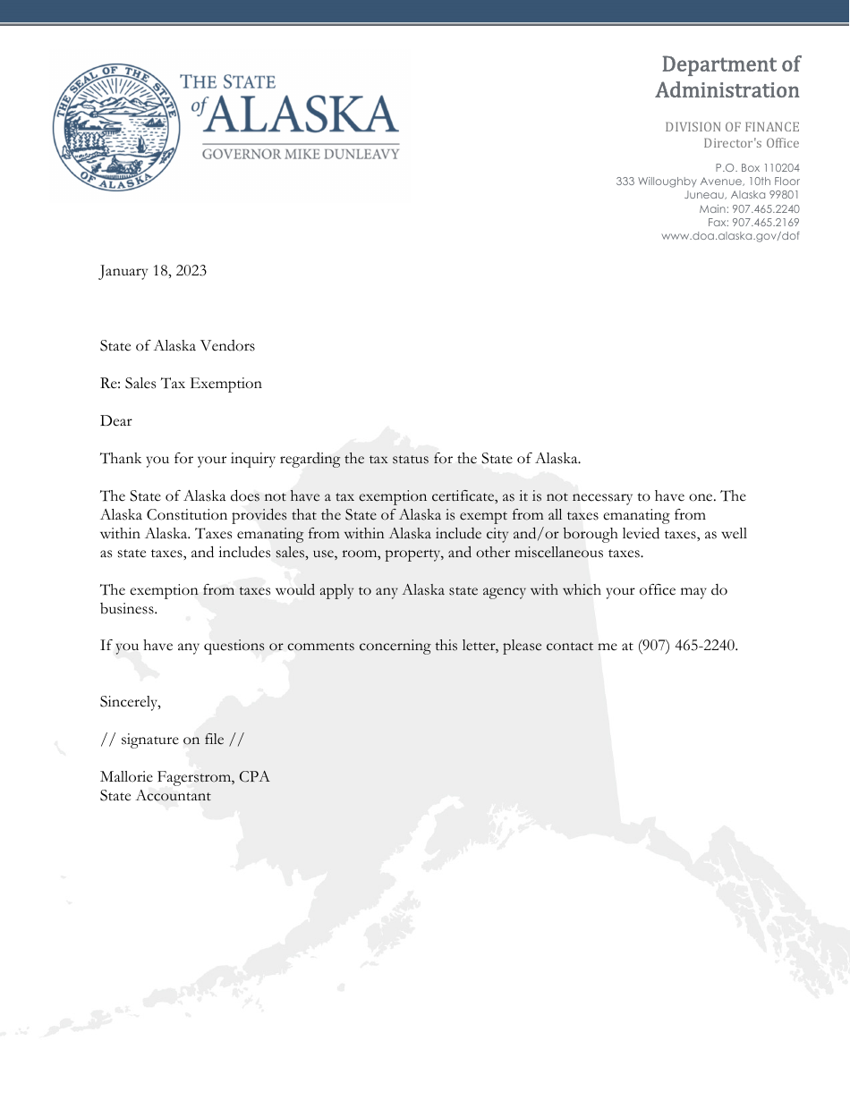 Alaska State Sales Tax Exemption Response Letter Download Printable
