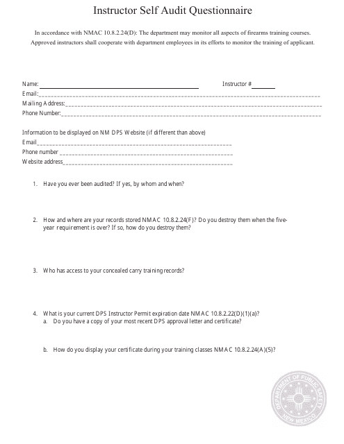 Instructor Self Audit Questionnaire - New Mexico Download Pdf