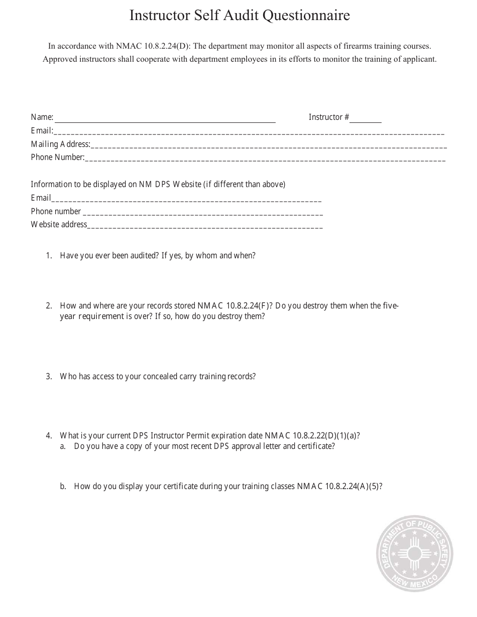 Instructor Self Audit Questionnaire - New Mexico, Page 1