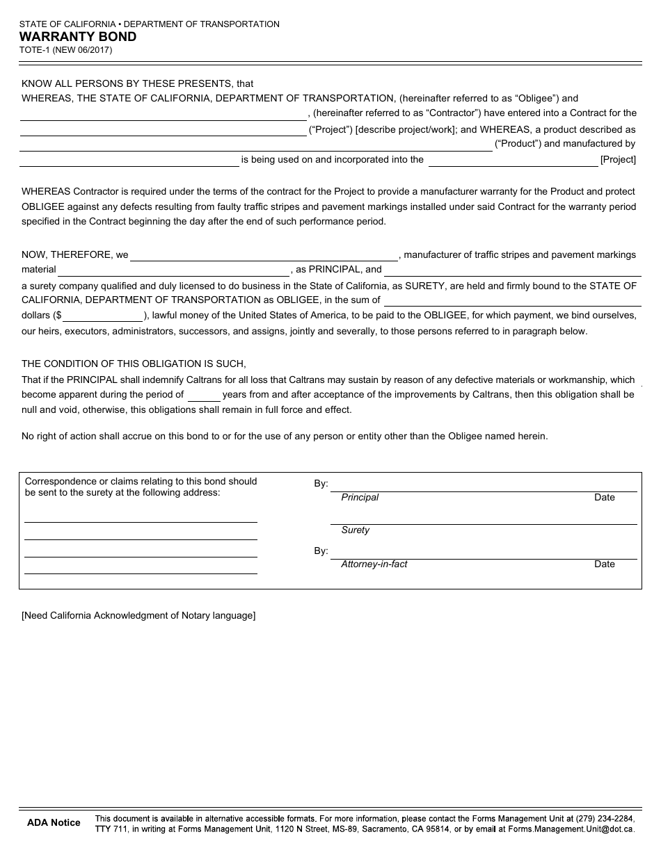 Form TOTE-1 Warranty Bond - California, Page 1