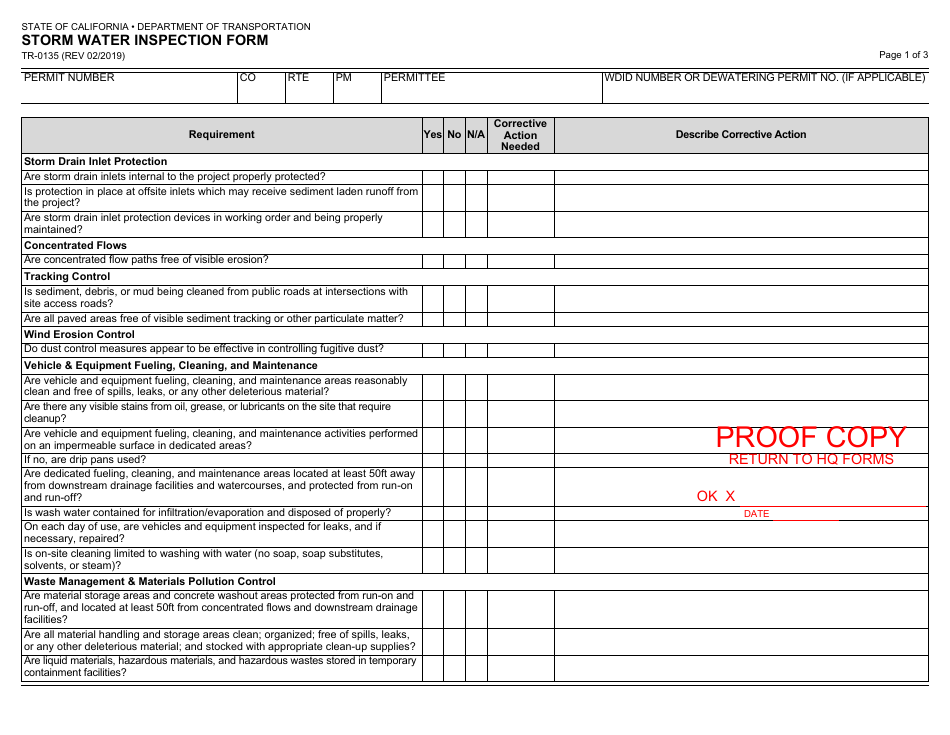 Form TR-0135 Storm Water Inspection Form - California, Page 1