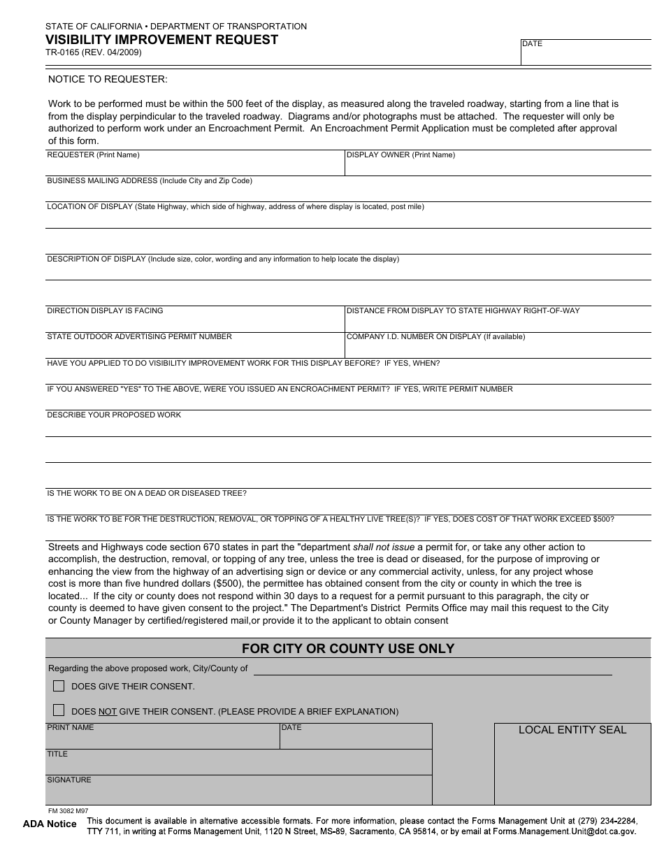 Form TR-0165 Visibility Improvement Request - California, Page 1