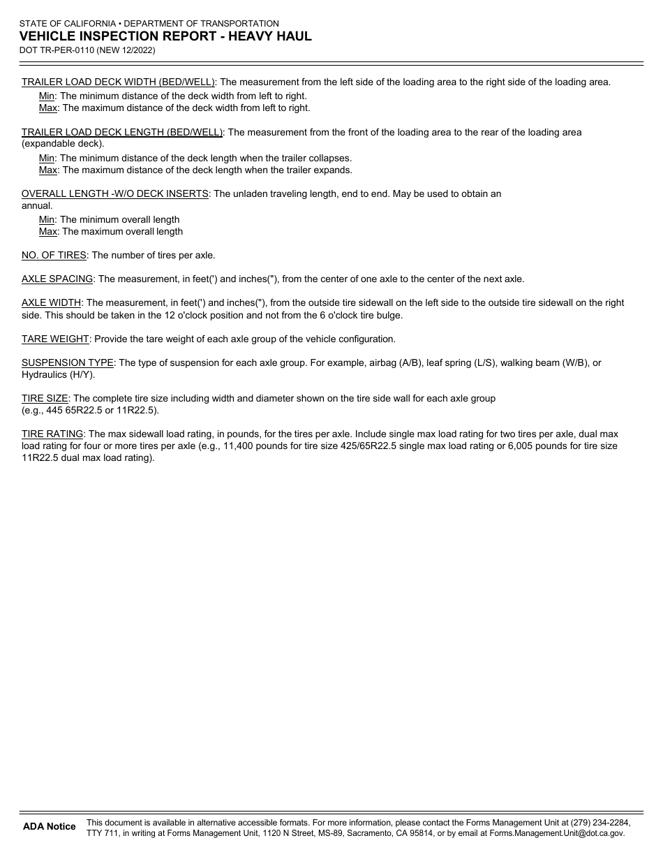 Form DOT TR-PER-0110 Vehicle Inspection Report - Heavy Haul - California, Page 2