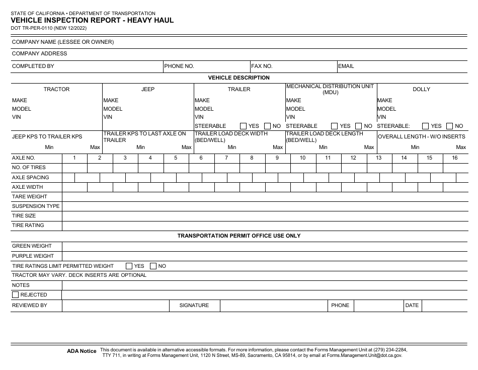 Form DOT TR-PER-0110 Vehicle Inspection Report - Heavy Haul - California, Page 3