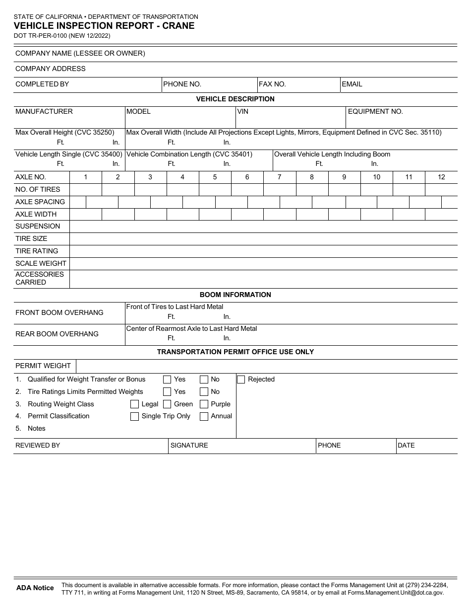 Form DOT TR-PER-0100 Vehicle Inspection Report - Crane - California, Page 2