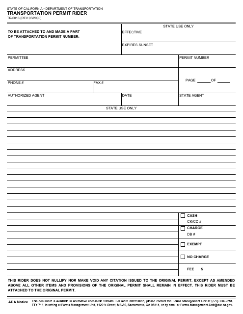 Form TR-0016  Printable Pdf
