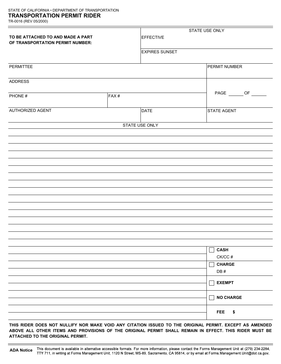 Form TR-0016 Transportation Permit Rider - California, Page 1