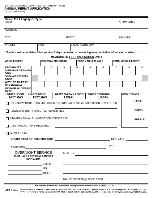 Form TR-0031  Printable Pdf