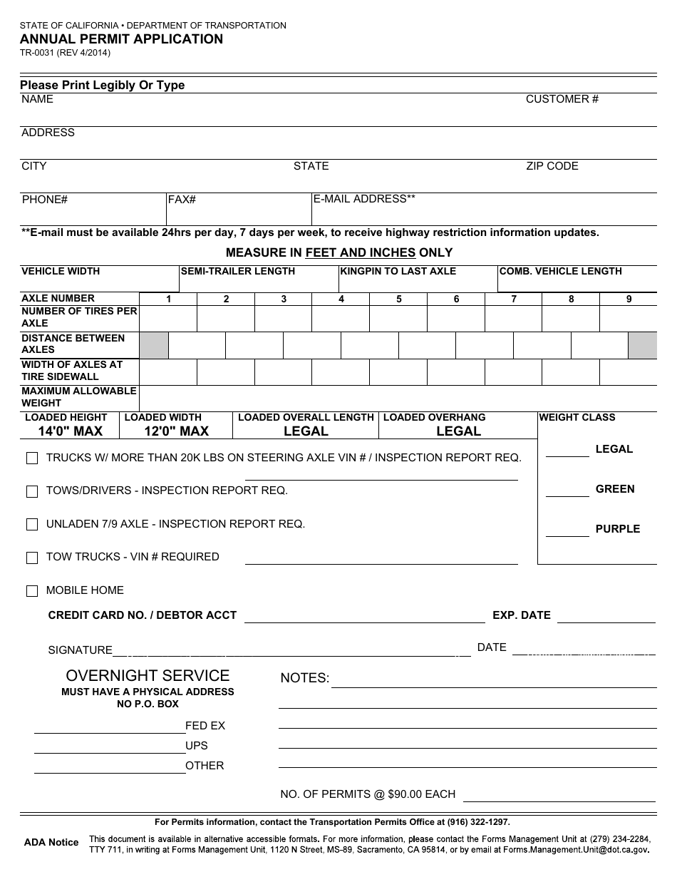 Form TR-0031 Annual Permit Application - California, Page 1