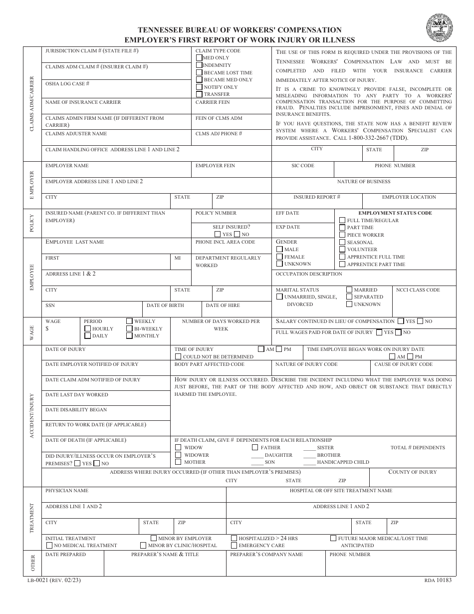 Form C-20 (LB-0021) Employers First Report of Work Injury or Illness - Tennessee, Page 1
