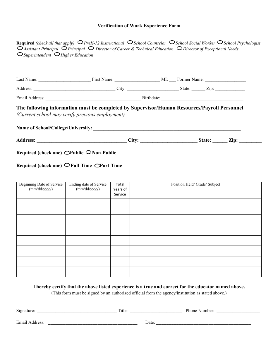 Verification of Work Experience Form - Indiana, Page 1