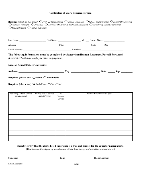 Verification of Work Experience Form - Indiana Download Pdf