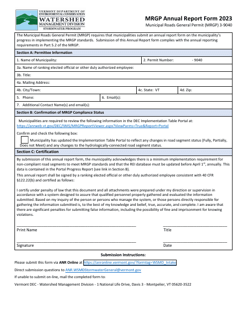 Mrgp Annual Report Form - Vermont, 2023