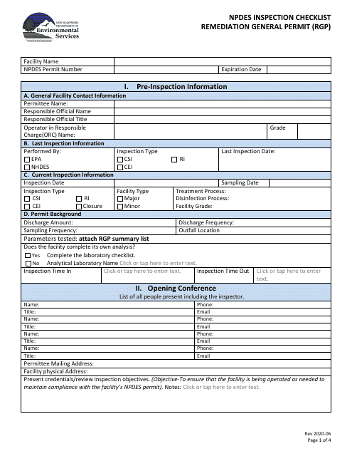 Npdes Inspection Checklist - Remediation General Permit (Rgp) - New Hampshire