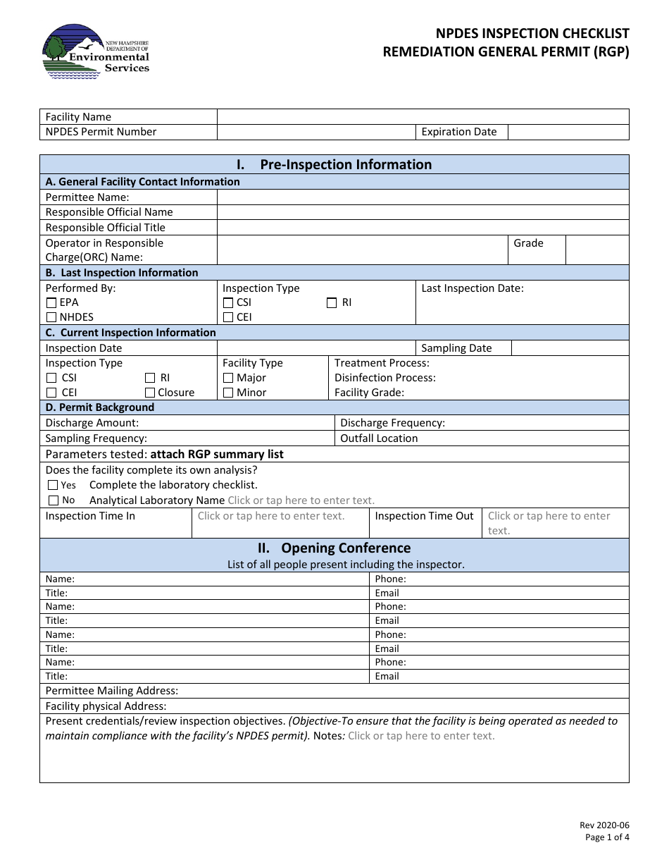 Npdes Inspection Checklist - Remediation General Permit (Rgp) - New Hampshire, Page 1