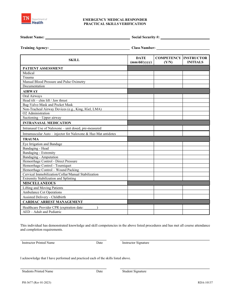 Form PH-3677 Emergency Medical Responder Practical Skills Verification - Tennessee, Page 1