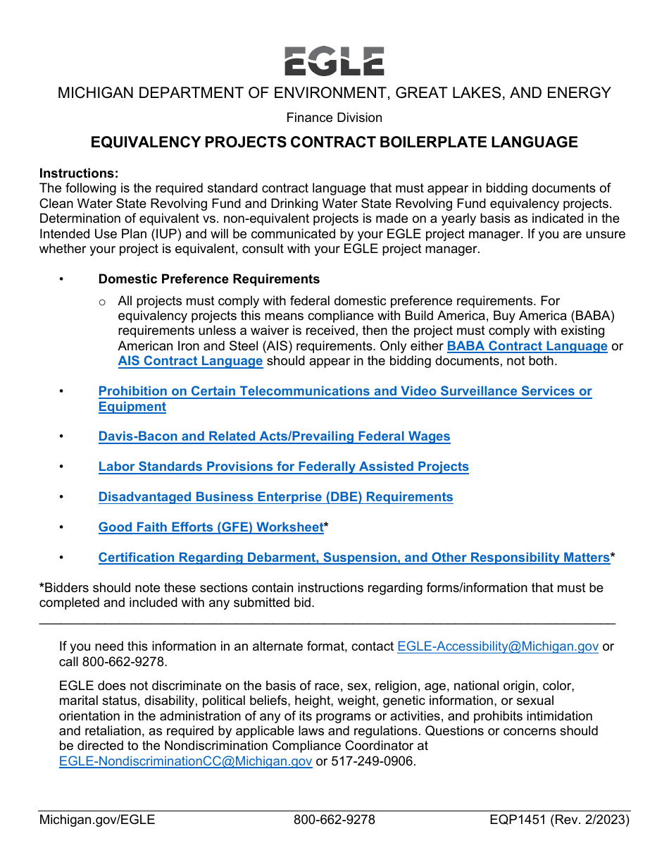 Form EQP1451 Equivalency Projects Contract Boilerplate Language - Michigan, Page 1