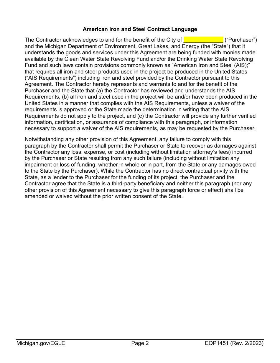 Form EQP1451 Equivalency Projects Contract Boilerplate Language - Michigan, Page 2