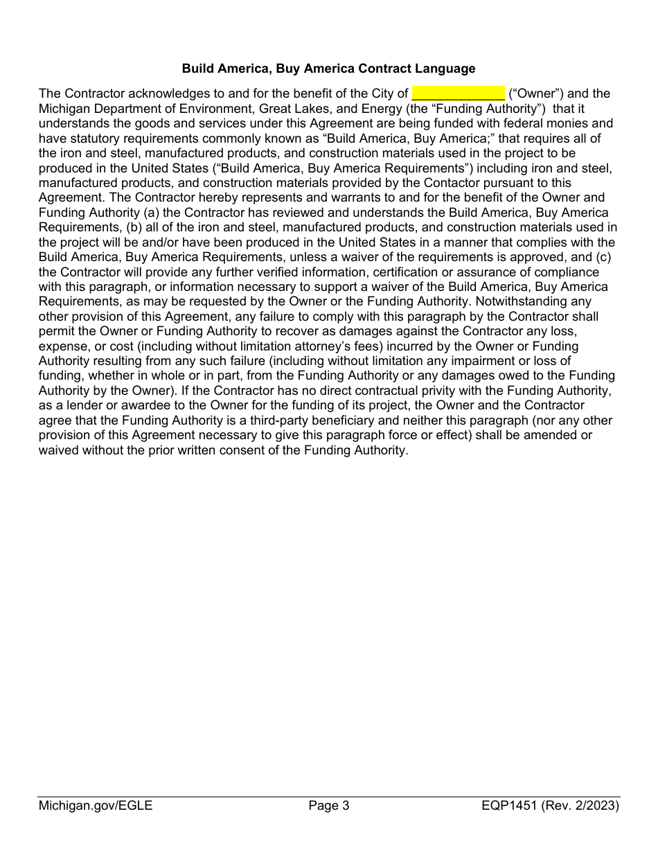 Form EQP1451 Equivalency Projects Contract Boilerplate Language - Michigan, Page 3