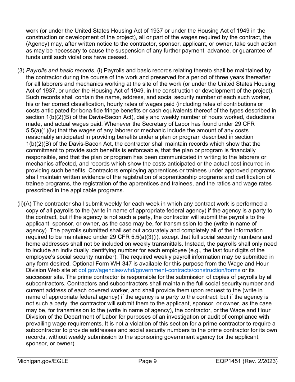 Form EQP1451 Equivalency Projects Contract Boilerplate Language - Michigan, Page 9