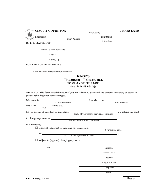 Form CC-DR-119 Minor's Consent/Objection to Change of Name - Maryland