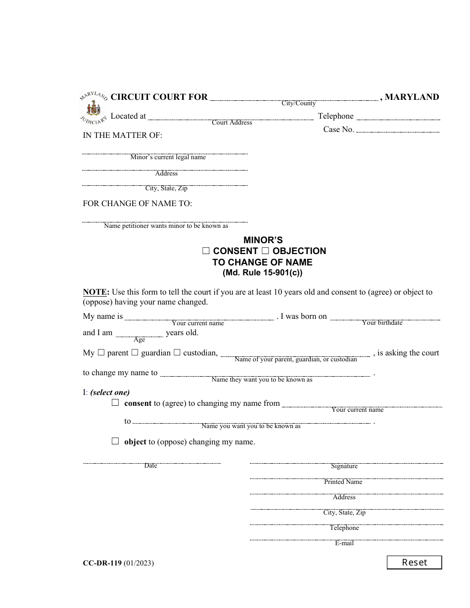 Form CC-DR-119 Minors Consent / Objection to Change of Name - Maryland, Page 1