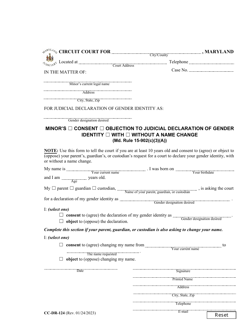 Form CC-DR-124 Minors Consent / Objection to Judicial Declaration of Gender Identity With / Without a Name Change - Maryland, Page 1