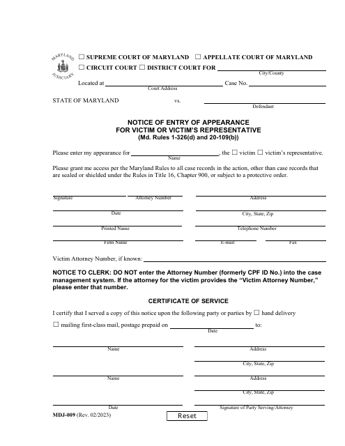 Form MDJ-009 Notice of Entry of Appearance for Victim or Victim's Representative - Maryland