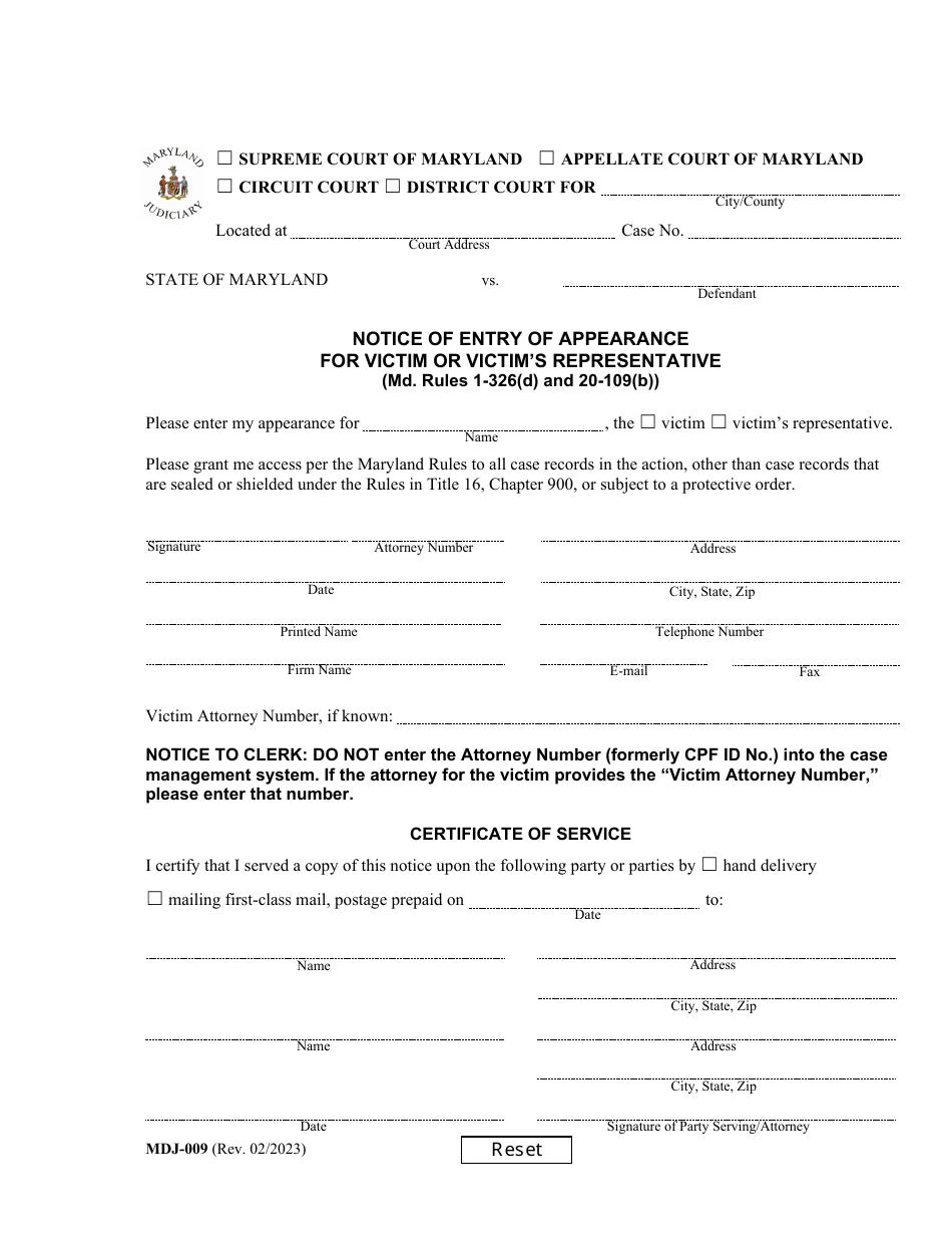Form MDJ-009 Notice of Entry of Appearance for Victim or Victims Representative - Maryland, Page 1