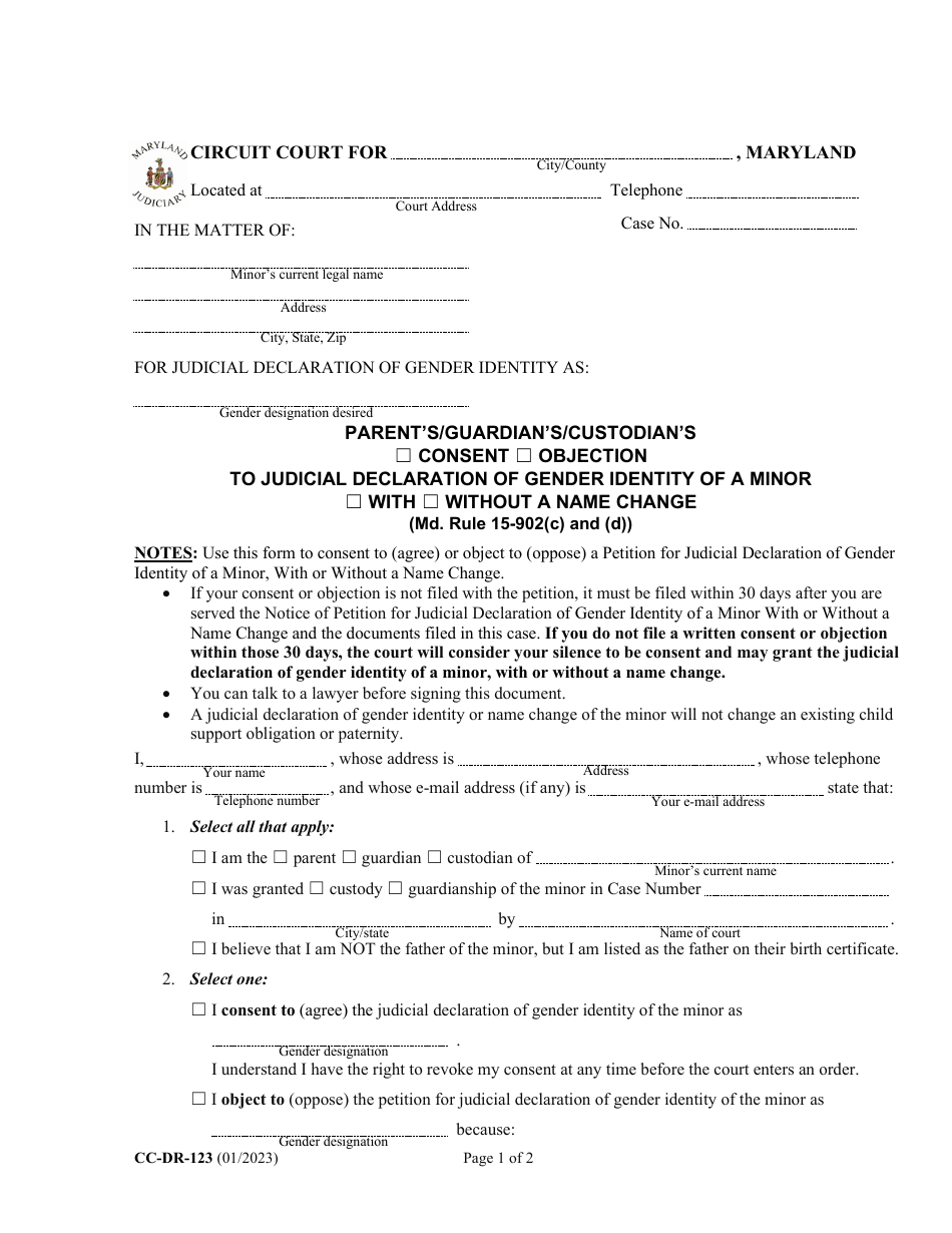 Form CC-DR-123 Parents / Guardians / Custodians Consent / Objection to Judicial Declaration of Gender Identity of a Minor With / Without a Name Change - Maryland, Page 1