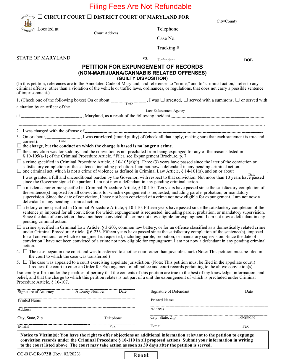 Form CC-DC-CR-072B Petition for Expungement of Records (Non-marijuana / Cannabis Related Offenses) (Guilty Disposition) - Maryland, Page 1