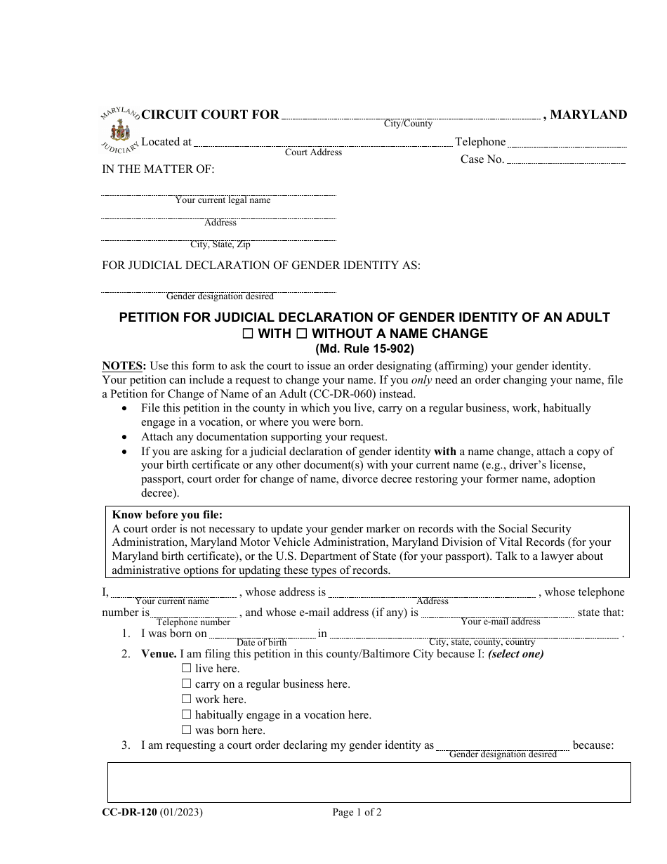 Form CC-DR-120 Petition for Judicial Declaration of Gender Identity of an Adult Wimaryth / Without a Name Change - Maryland, Page 1