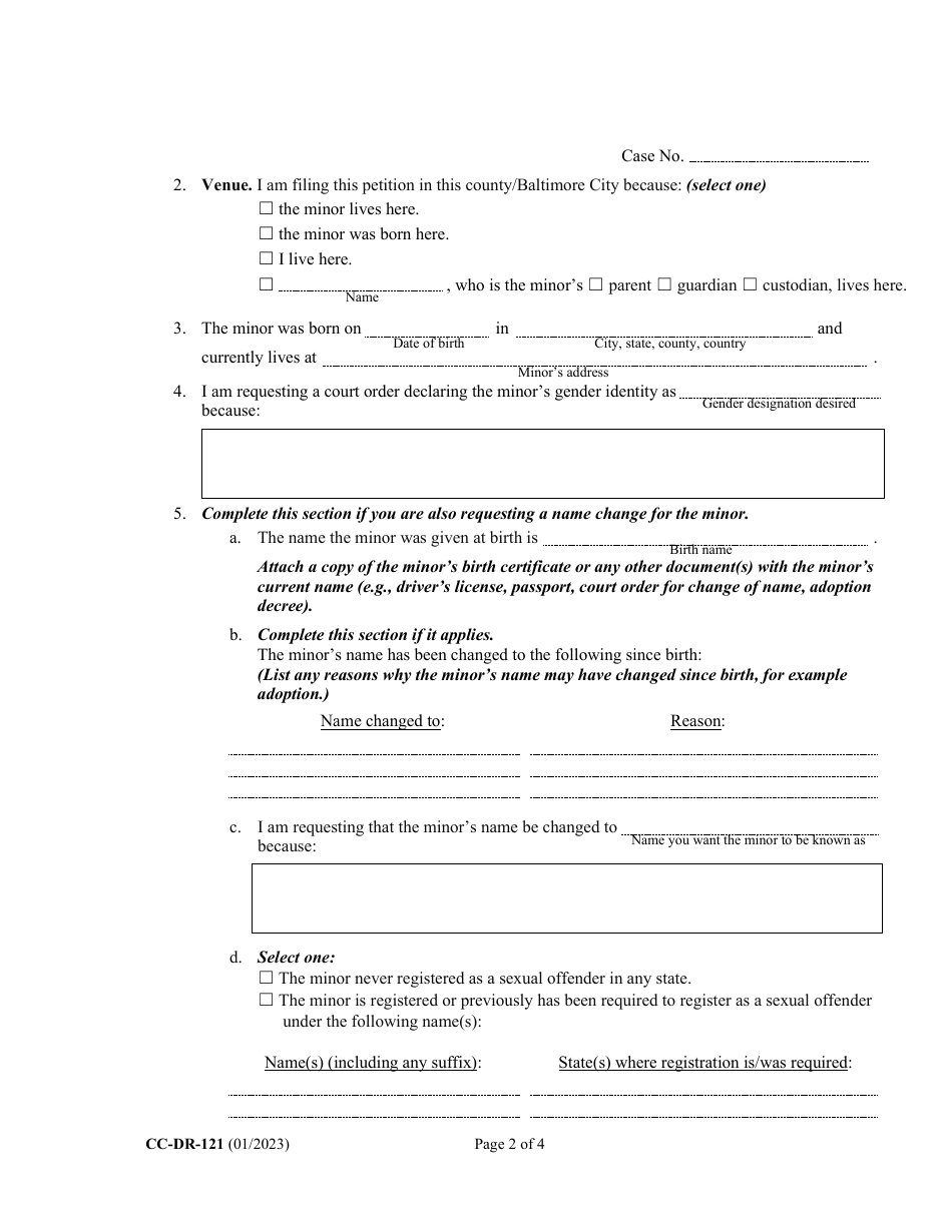 Form CC-DR-121 Petition for Judicial Declaration of Gender Identity of a Minor With / Without a Name Change - Maryland, Page 2