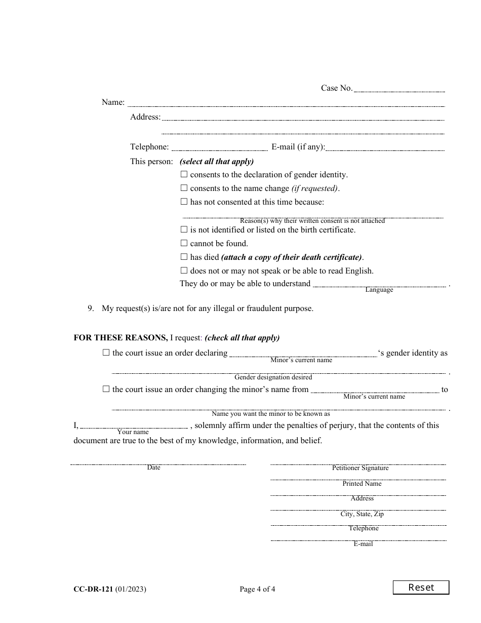 Form CC-DR-121 Petition for Judicial Declaration of Gender Identity of a Minor With / Without a Name Change - Maryland, Page 4