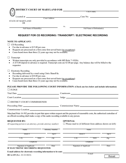 Form DCA-19 Request for Cd Recording/Transcript/Electronic Recording - Maryland