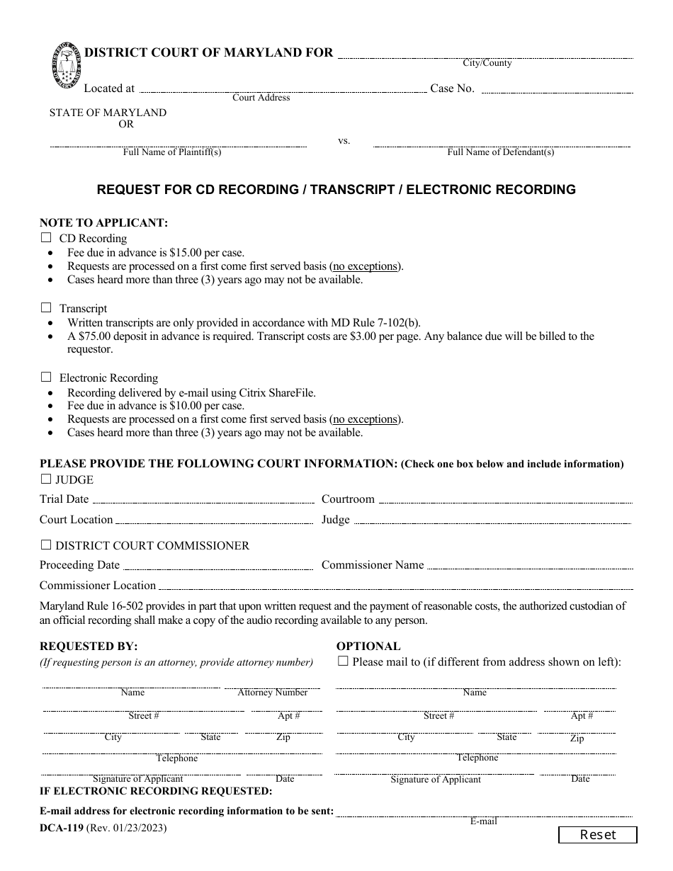 Form DCA-19 Request for Cd Recording / Transcript / Electronic Recording - Maryland, Page 1