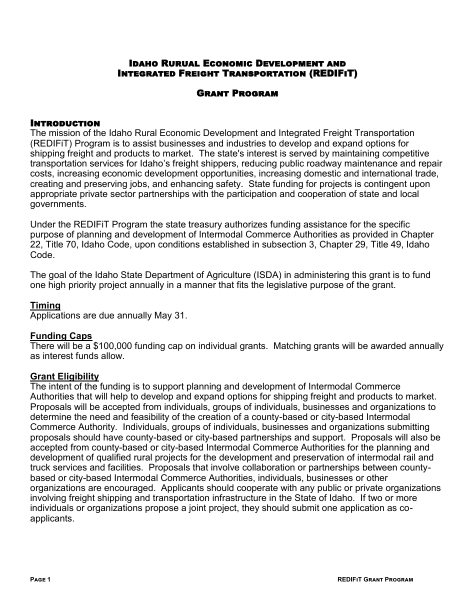 Idaho Rural Economic Development and Integrated Freight Transportation (Redifit) Grant Program Application Coversheet - Idaho, Page 2