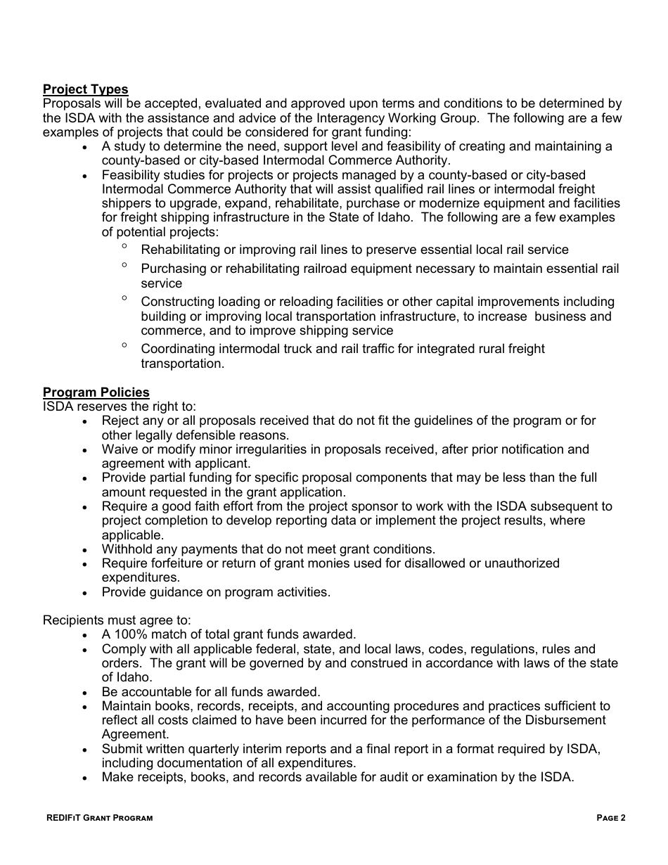 Idaho Rural Economic Development and Integrated Freight Transportation (Redifit) Grant Program Application Coversheet - Idaho, Page 3