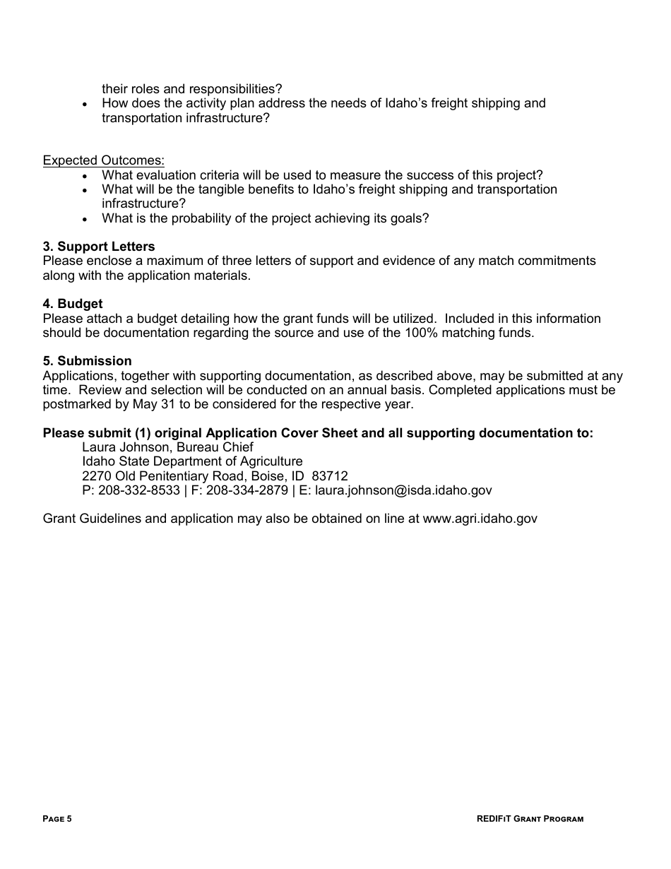 Idaho Rural Economic Development and Integrated Freight Transportation (Redifit) Grant Program Application Coversheet - Idaho, Page 6