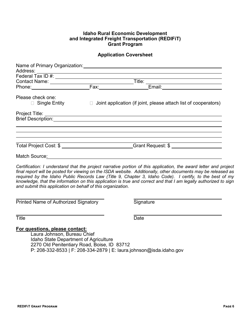 Idaho Rural Economic Development and Integrated Freight Transportation (Redifit) Grant Program Application Coversheet - Idaho, Page 7